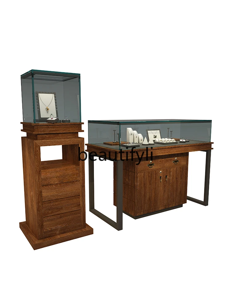 Jewelry glass Zhongdao display cabinet retro solid wood paint cabinet high-end museum display cabinet customization