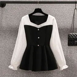 Splicing Contrasting Colors Long Sleeved Women's Shirt Spring Autumn Casual Versatile Blouses Loose Slimming Top for Women