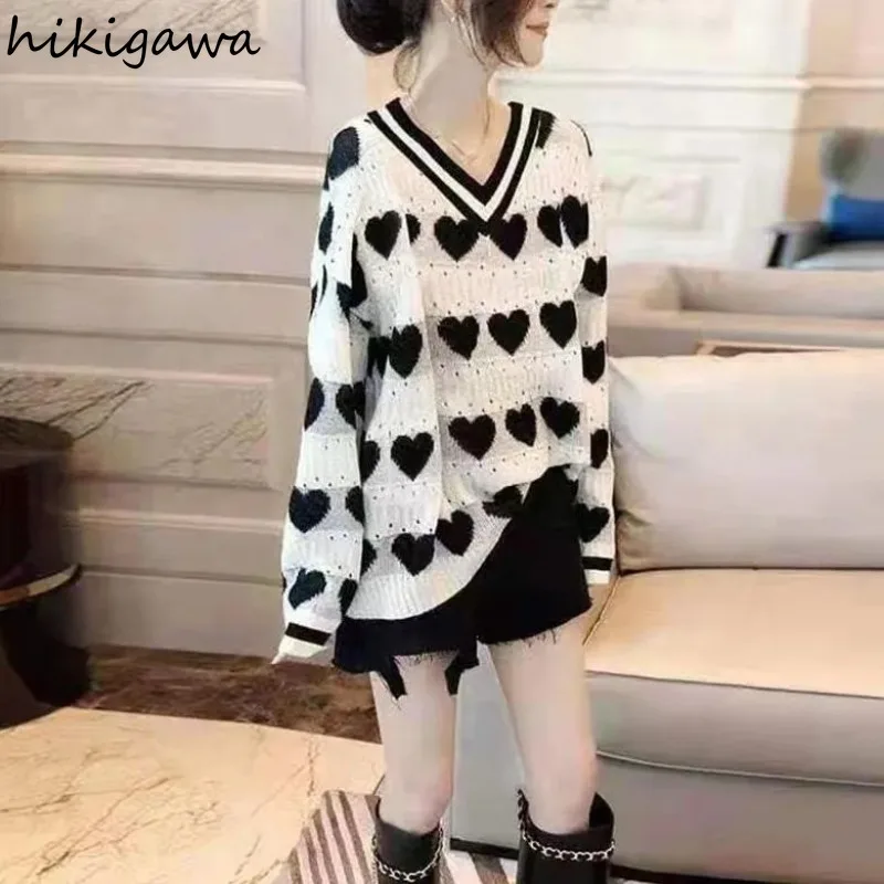 

Oversized Pullovers for Women V-neck Long Sleeve Jumper Sueter Mujer Korean Fashion Pull Femme Hollow Out Knitted Thin Sweater