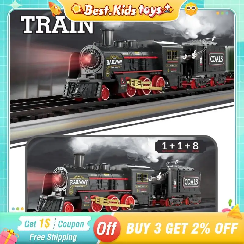 Tren de vapor Retro de simulación con luces, música, ferrocarril de alta velocidad, estacionamiento, pista eléctrica para niño, coche, juguetes para niños, modelo de montaje DIY