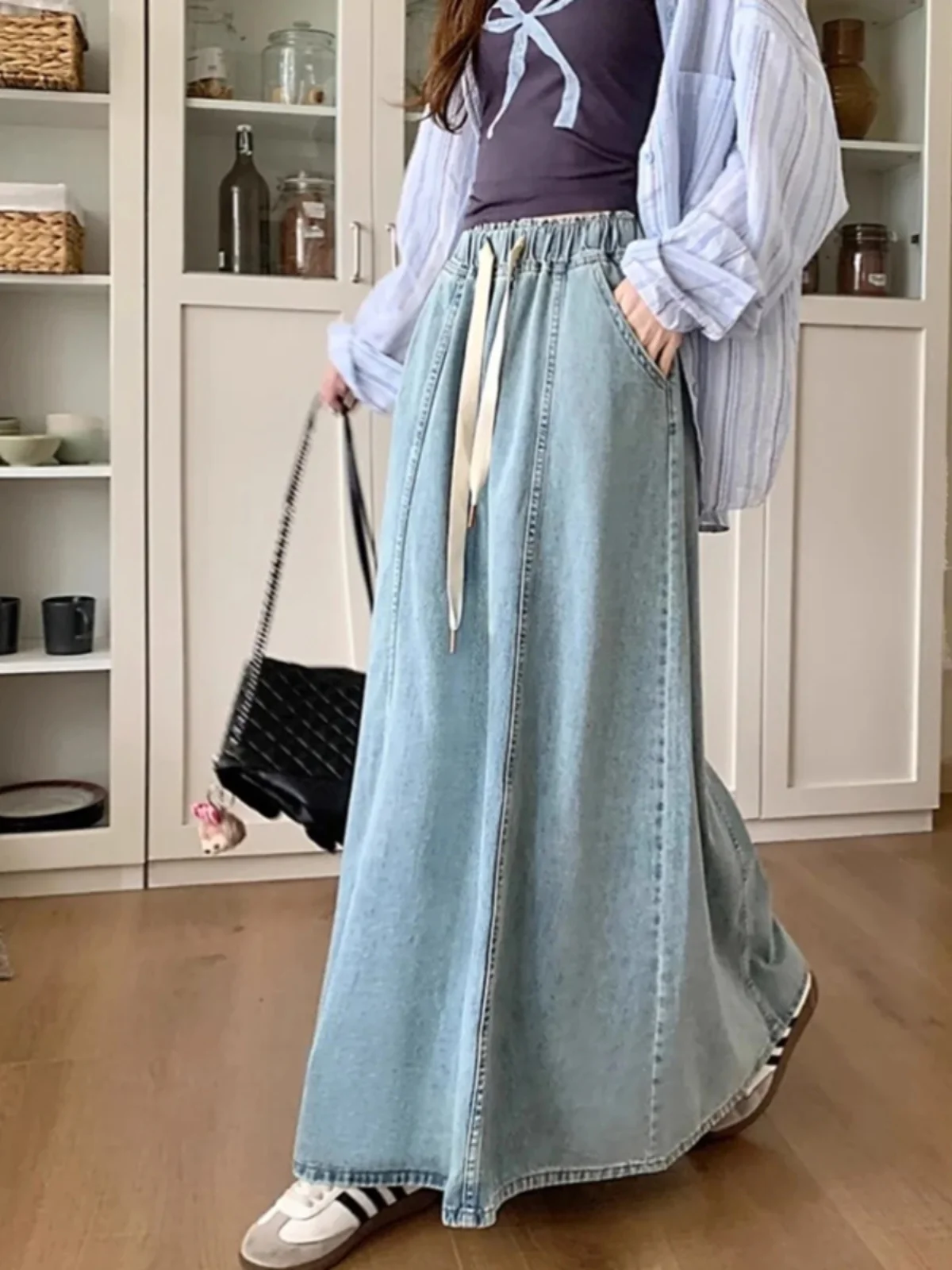 

plus Size Denim A-Line Skirt High Waist Flared Hem Korean Sle Women's Autumn Winter Large Size Design Sensation Slimming Lo...