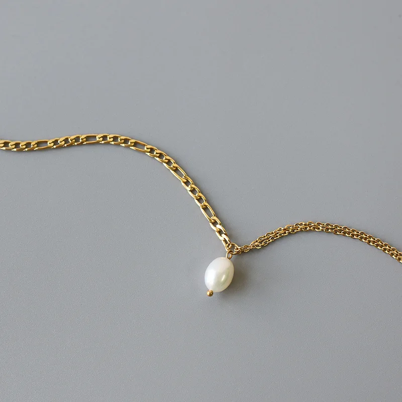 316L Stainless Steel Natural Freshwater Pearl Pendant Splicing Chain Necklace For Women New Trend Choker Clavicle Chain