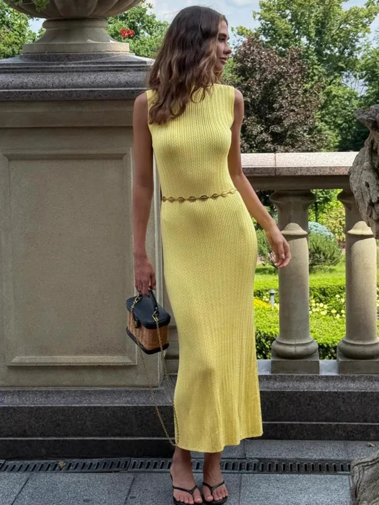 Articat moda magro high-end de malha vestido longo feminino elegante sem mangas estiramento camisola vestido feminino outono novo streetwear