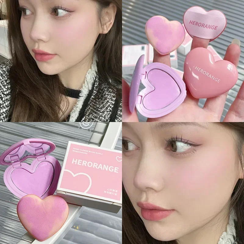 Purple Peach Cream Blush Makeup Palette Moisturizing Cheek Tint 3 Colors Orange Peach Pink Blusher Love Shape Blush With Puff