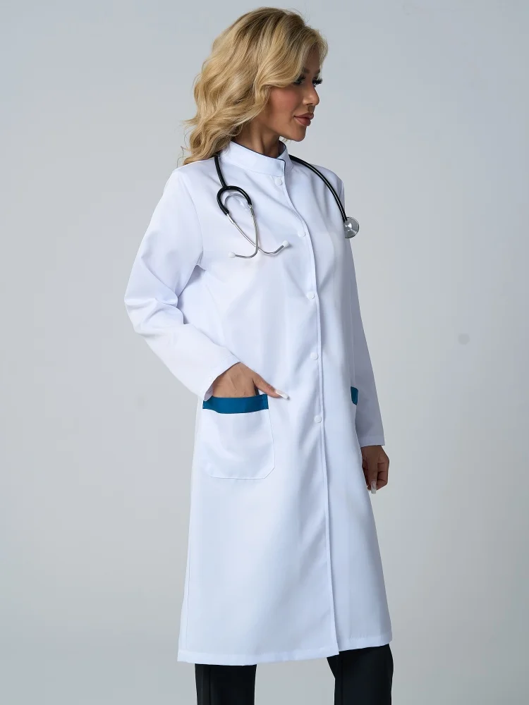 Stand-Up Collar Women's Long-Sleeved Coat Doctor Nurse's Work Laboratory Costumes Professional Medical Clothes Long Coat