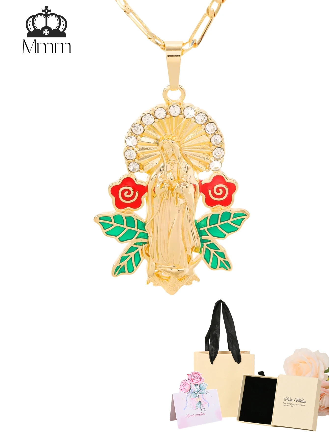 Medallas de la virgen de colgante, collar de joyería para mujer, flor rosa, cobre, latón, milagroso, virgen católica, regalo de maría