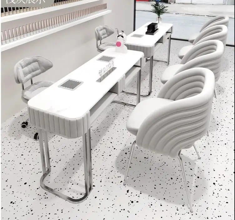 Stainless steel nail desk and chair set with an upgraded vacuum cleaner and plugged-in nail desk