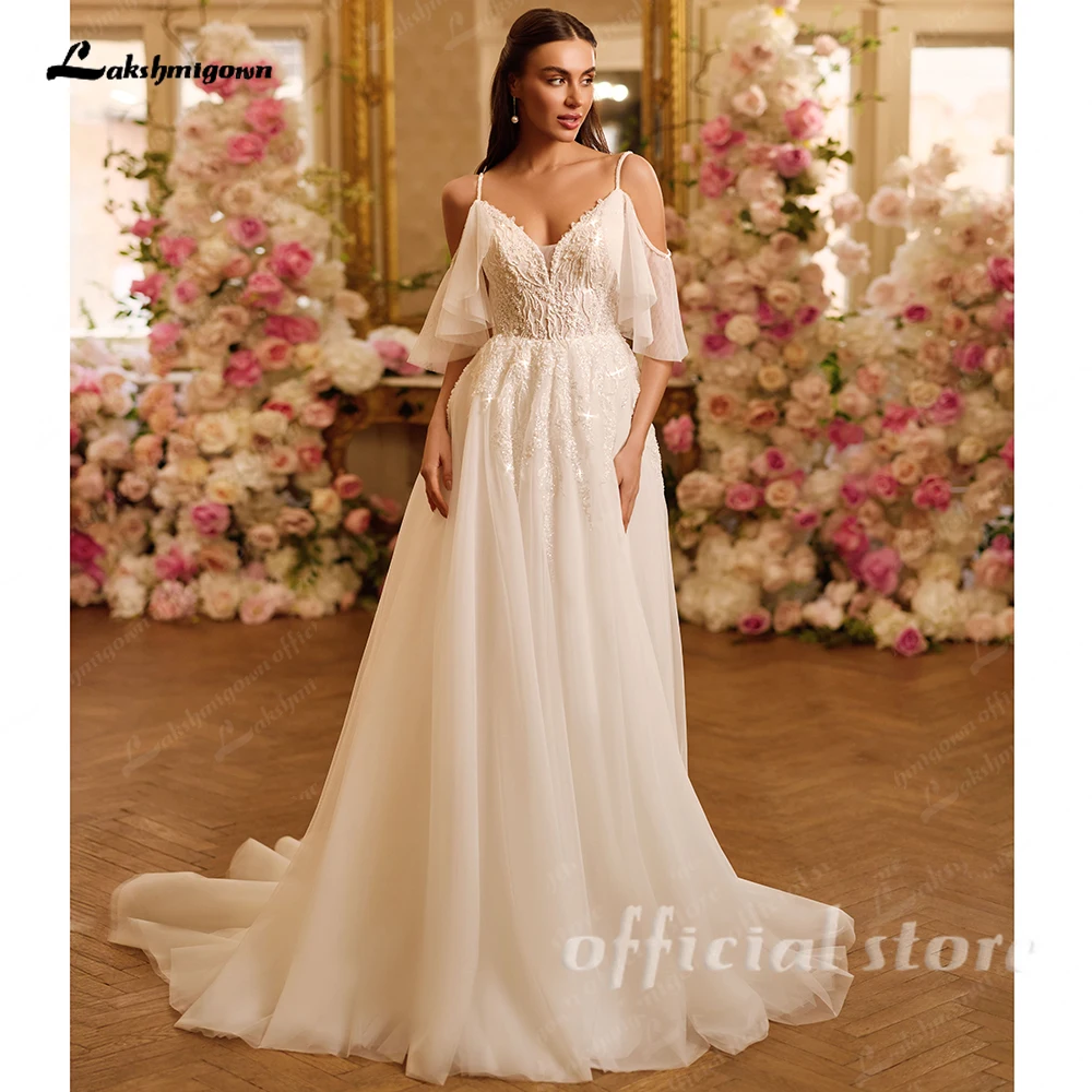 Lakshmigown Illusion Damen Hochzeitskleid für Party, A-Linie, Sweetheart-Ausschnitt, Spitzenapplikationen, Brautkleider, Falten, Maßanfertigung – Detail 5