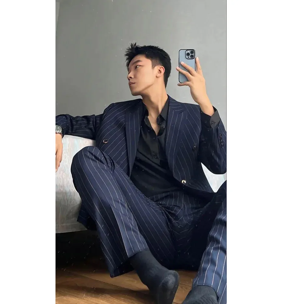 Korean Pinstripe Men Suits Two Piece Navy Blue Peak Lapel Double Breasted Outfits Chic Fashion Youthful Vitality (Blazer+Pants)