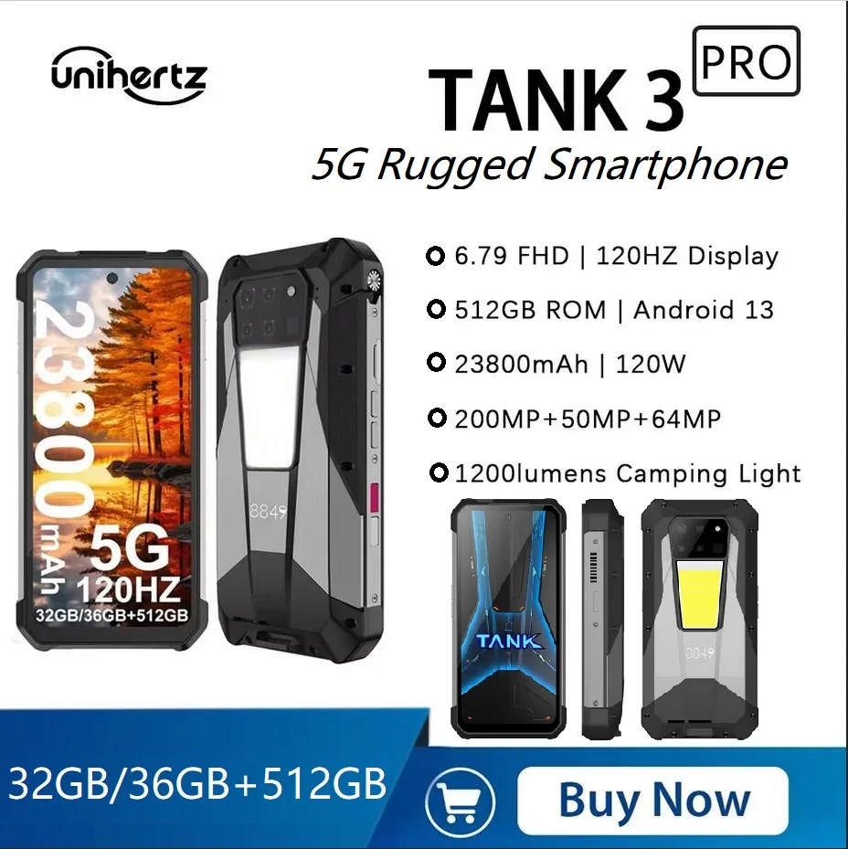 Unihertz-Tank 3 Pro Smartphone, Celular Robusto, Octa Core, Carregador Rápido, 100 Lumens, 23800mAh, 16 GB, 18GB, 512GB, 200MP, 120W, 5G, 8849