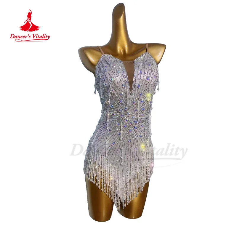 Abito da ballo latino per donna Full AB Stones Rumba Chacha Tango Performance Costume customsize Adult Children abito con frange latino