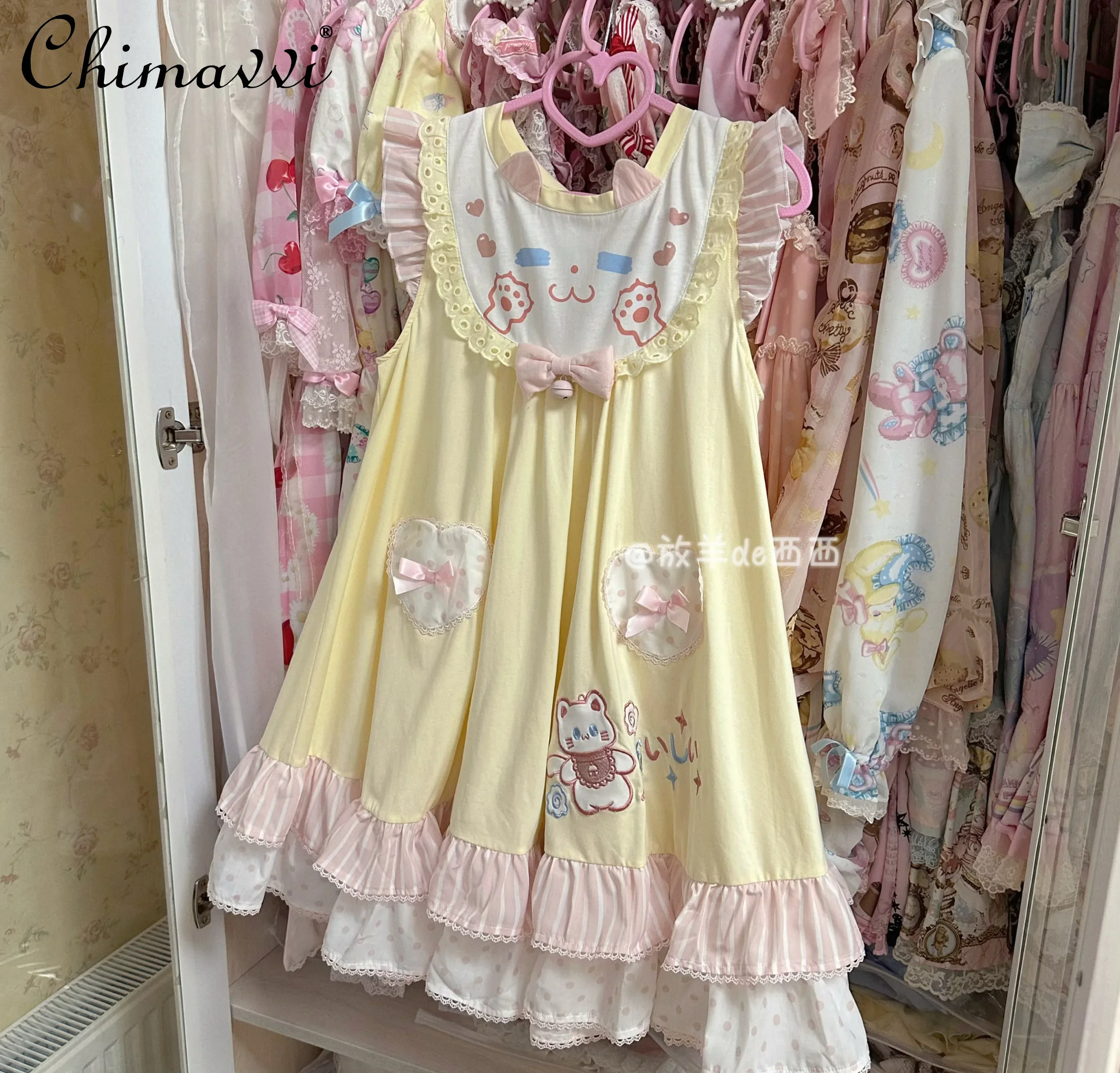 Original Sweet Cotton Small Flying Sleeves Loose A-line Dress Spring Summer New Fashion Round Neck Student Girl Kawaii Dresses