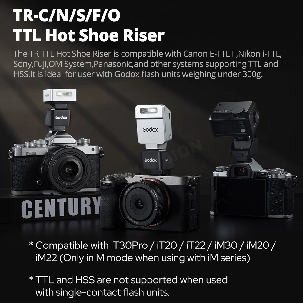 Godox TR/ FS-R TTL Hot ShoeRiser Single Contact Folding Hot Shoe Riser with Canon Nikon Sony Fujifilm OM TTL for iT20 iT22