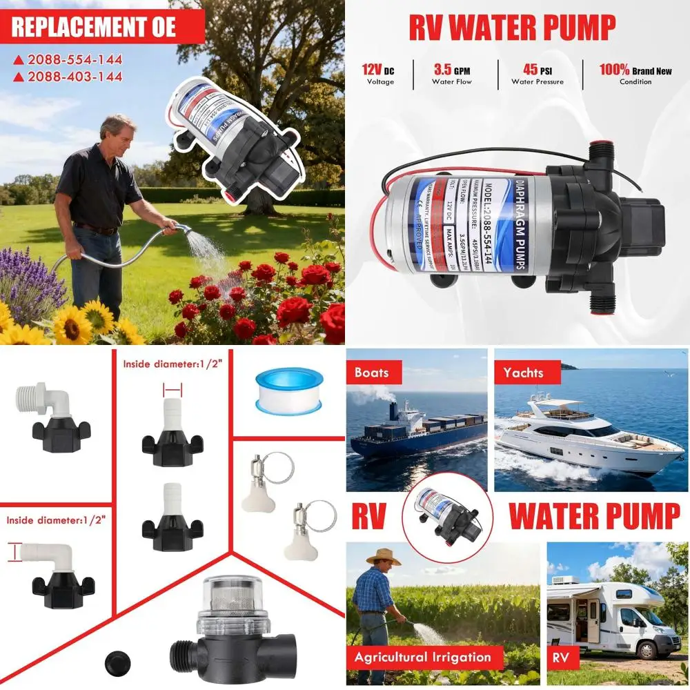 

Rv Water Pump Diaphragm pump 12 VDC,3.5 Gallons Per Minute,45 Psi,1/2MNPT Connection for RV Marine Yacht Replaces 2088-554-144 2