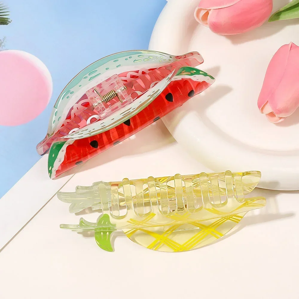 Hand-Painted Fruit Print Hair Clip para Mulheres e Meninas, Pineapple Grabber, Acrílico Hair Accessories, Tamanho Grande, Holiday Gift, 11cm, 1Pc