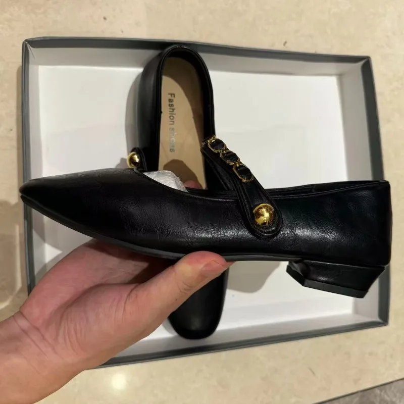 Women Fashion Single Shoes Chain Strap Mary Jane Flats Vintage Square Toe Hand Wrinkle Leather Slip on Dress Shoes Zapatos Mujer