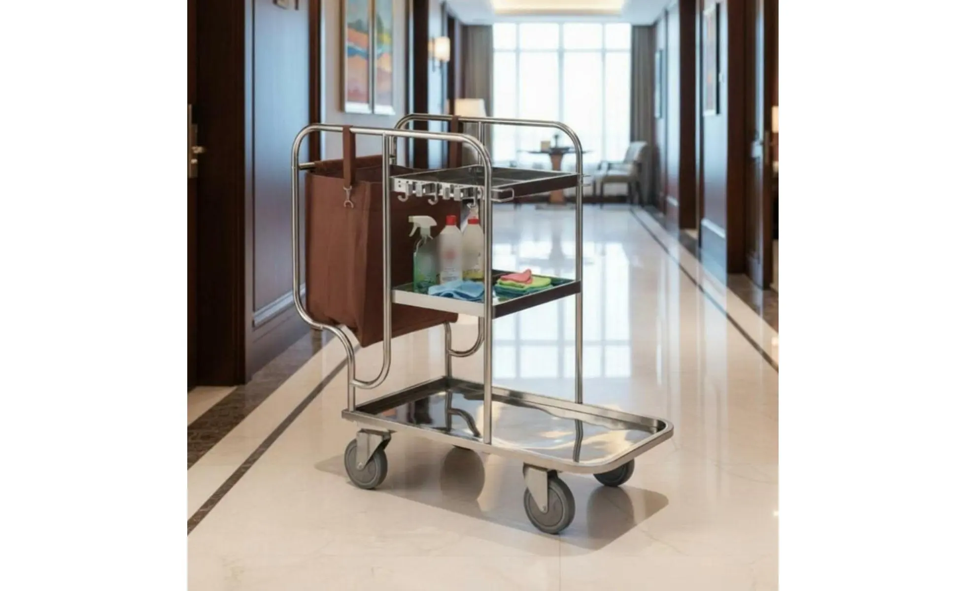 Stainless Steel Janitorial Cart Sturdy Duty Multi-Shelf Cleaning Trolley Business Cleaning Pushcart Large Capacity for Hospital