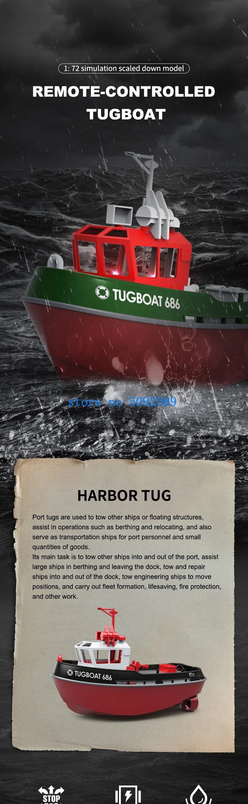 Streamlined Design Waterproof Electric RC Tugboat Boat 2.4G Multi Directional Control Strong Motor Remote Control Cargo Boats