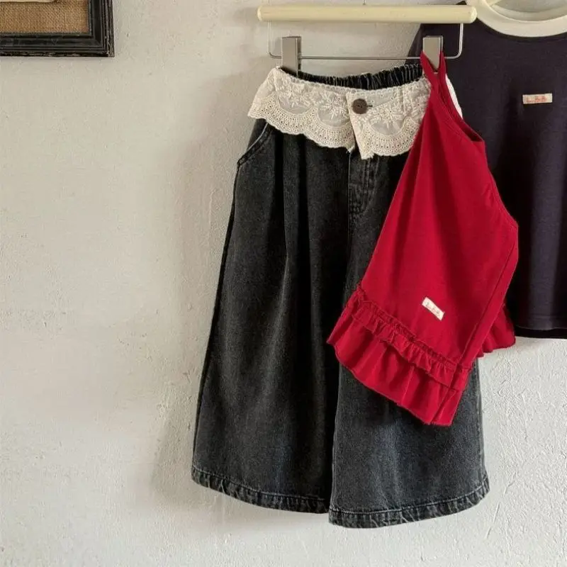 Lace Panel Wide Leg Jeans For Girls High Waist Korean Style Loose Casual Straight Denim Pants Spring Autumn Children Trousers