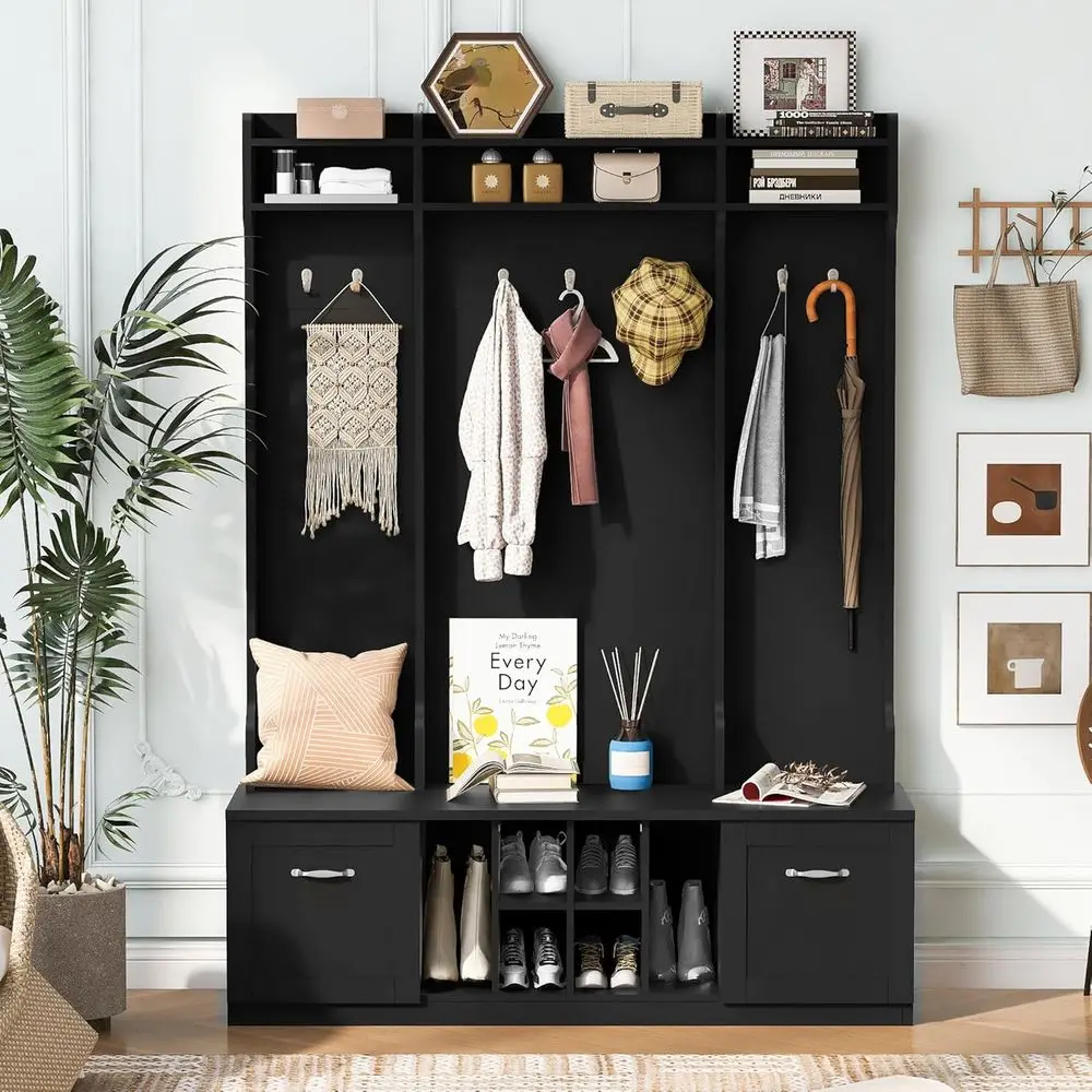 

Black Hallway Tree with 7 Hooks and 2 Storage Benches, Mudroom Organizer