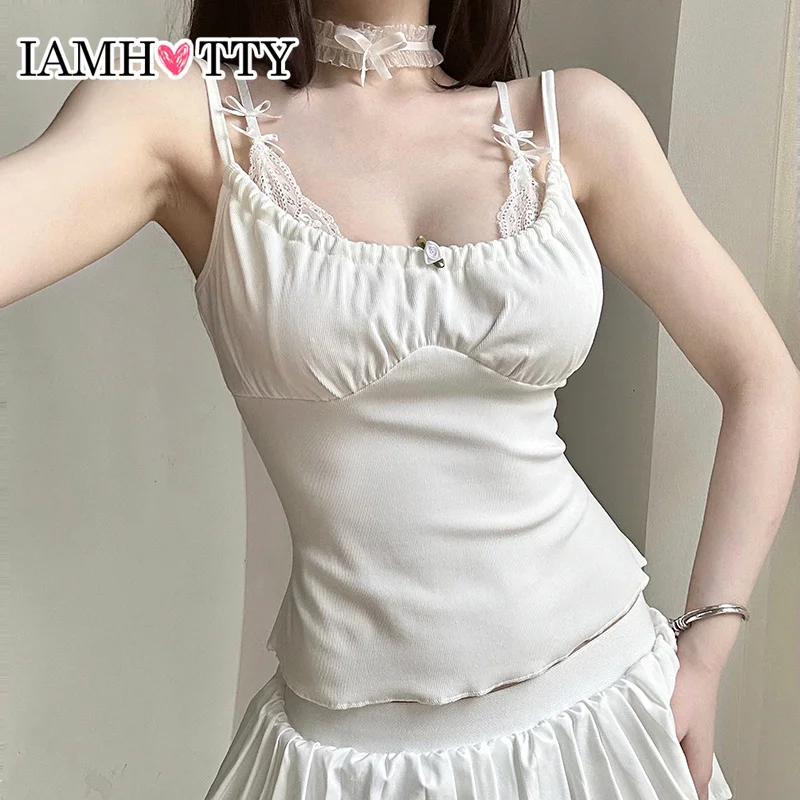 

IAMHOTTY Coquette Applique Crop Top White Cute Sexy Lace Patchwork Double Straps Camis Hotsexy Folds Sleeveless Tops y2k Corset