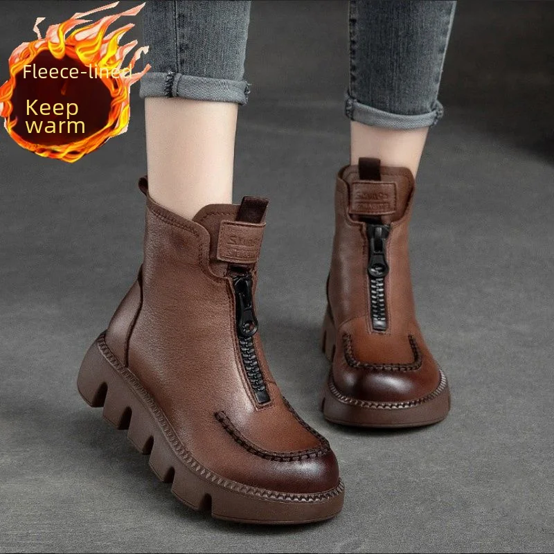 1940s Retro Thick Bottom Martini Women Winter Short Boots Front Zipper Anti-slip Flocking Cotton Boots Women