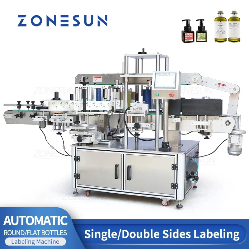 ZONESUN Round Square Bottle Double Sides Labeling Machine ZS-TB990 Automatic Plastic Glass Bottles Jar Beverages For Production