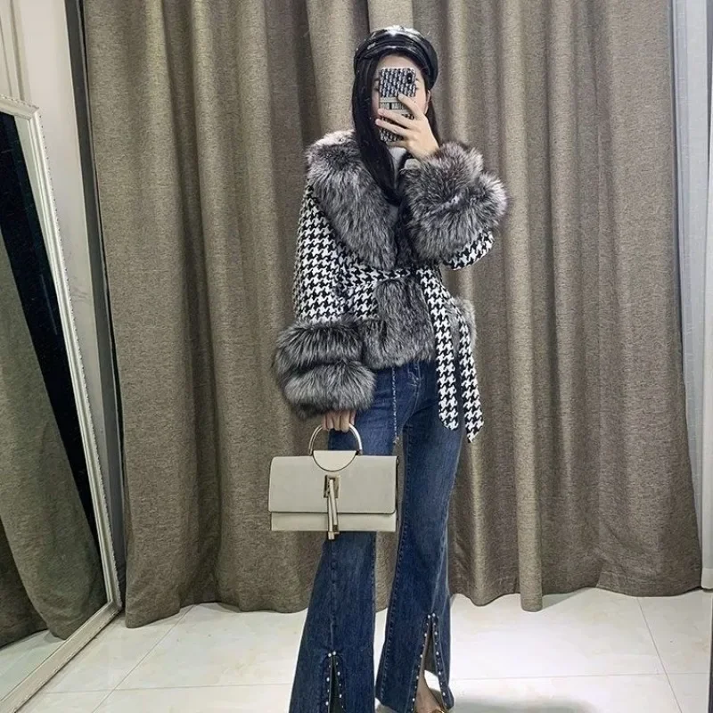 Winter Elegant Fur Coat Women Short Thousand Bird Check Fur Collar Silver Faux Fur Jackets Luxury Warm Parkas Cotton Clothes New