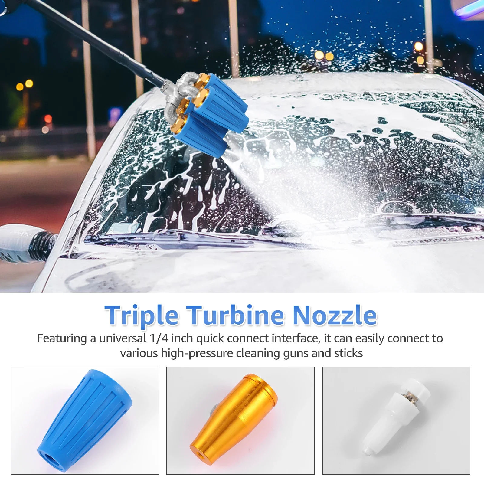 4 in1 4000 PSI Turbo Nozzle 360° Rotating Pressure Washer Nozzle with 1/4 Inch Quick Connector Four heads Sprayer Tips