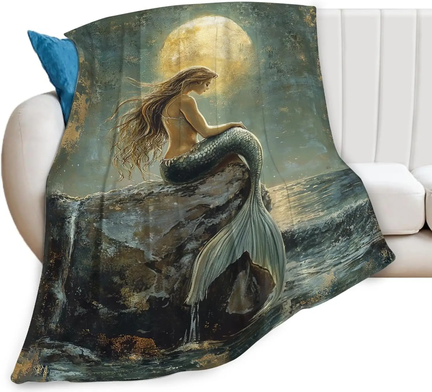 Mystical Mermaid Siren Ocean Art Throw Blanket Flannel Polyester Cozy Decor Bohemian Boho Gift for Sofa Bedding