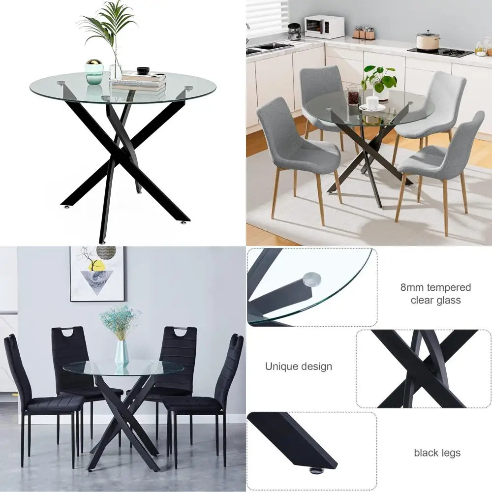 

Modern Tempered Glass Dining Table for 2-4 People with Metal Legs, 35.5 Round Table for Small Kitchen and Dining Room in Black