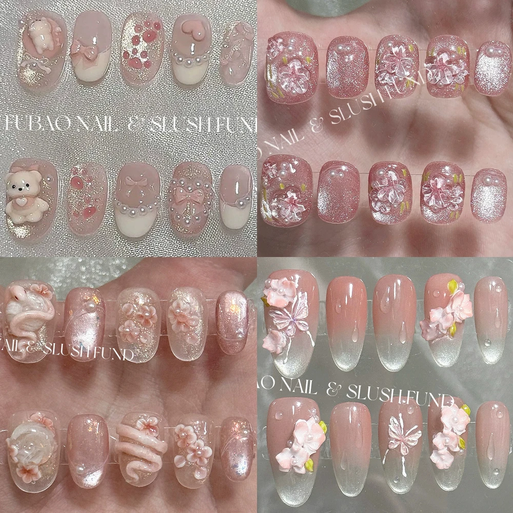 

Cartoon Lovely Pink Handmade Short Square Ellipse Nails Party Stickers Bear Snake Flowers Cat Eyes Bowknot Pearl Press On Nails