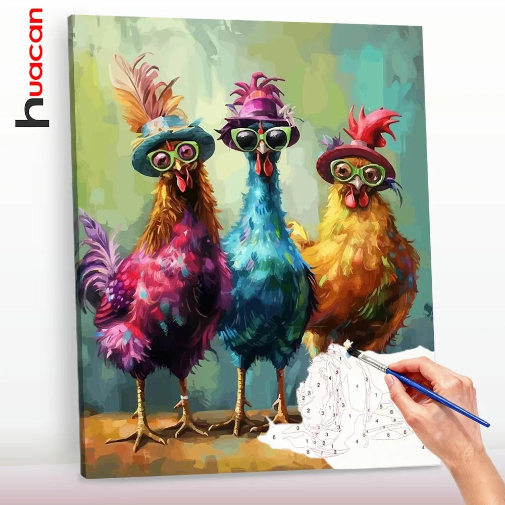 Huacan Painting By Numbers Kits Three Chickens Cartoon Animal Modern Drawing Coloring By Numbers Paint For Home Decor