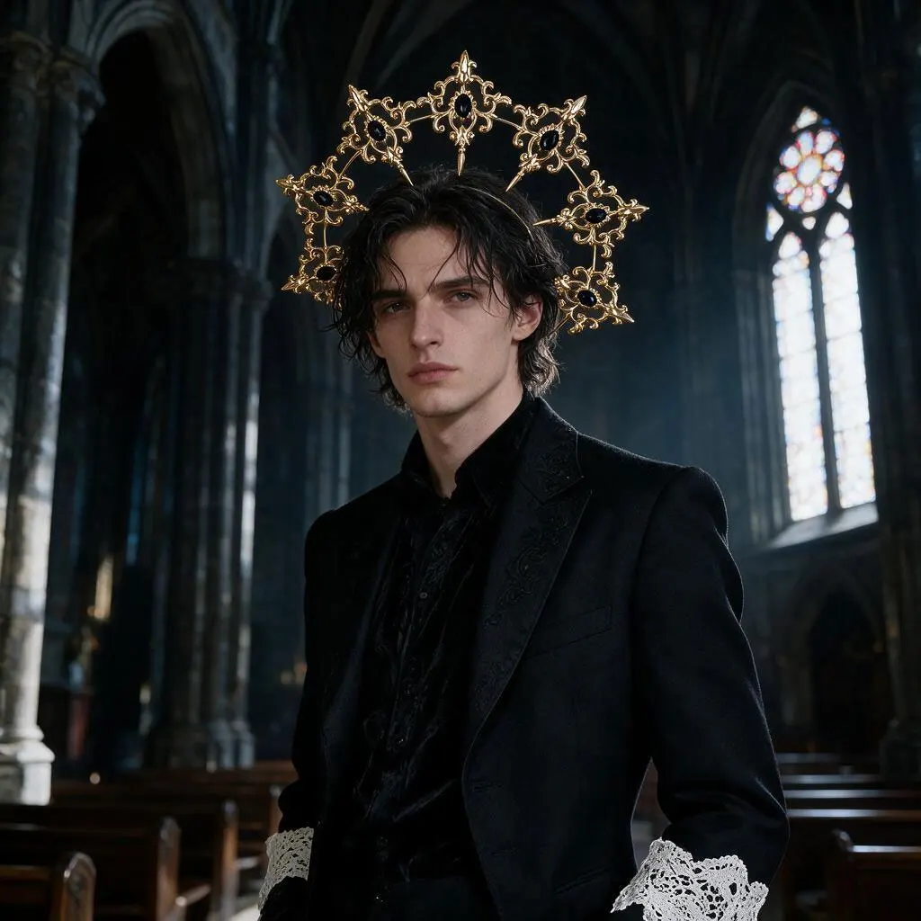 Gotische schwarze Kristall-Halo-Krone für Herren – Königlicher Kopfschmuck im Barock-Stil für Halloween-Cosplay – Detail 5