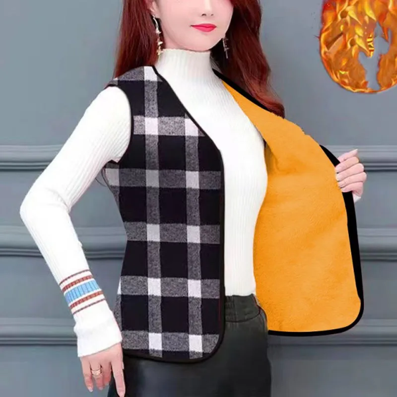 Autumn Winter New Fashion Plaid Versatile Zipper Covers the Belly Slim Sleeveless Loose Casual Spliced Women's Vest Tops