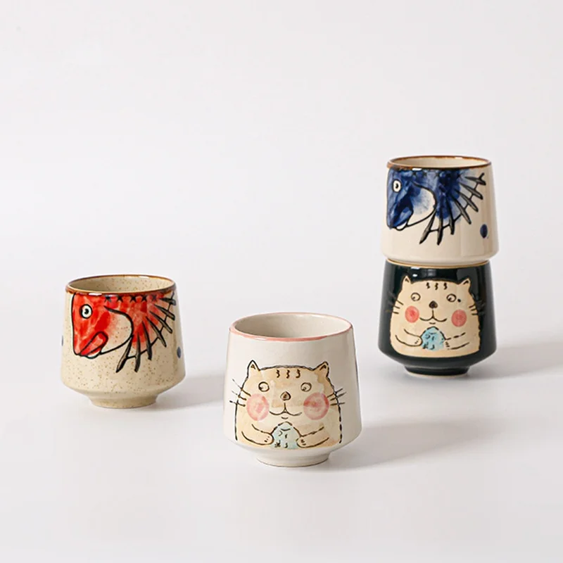Japanese style Handle-less Ceramic Tea CupsTteacup Puffer Fish And Cat Pattern Coffee Cup Espresso Mug