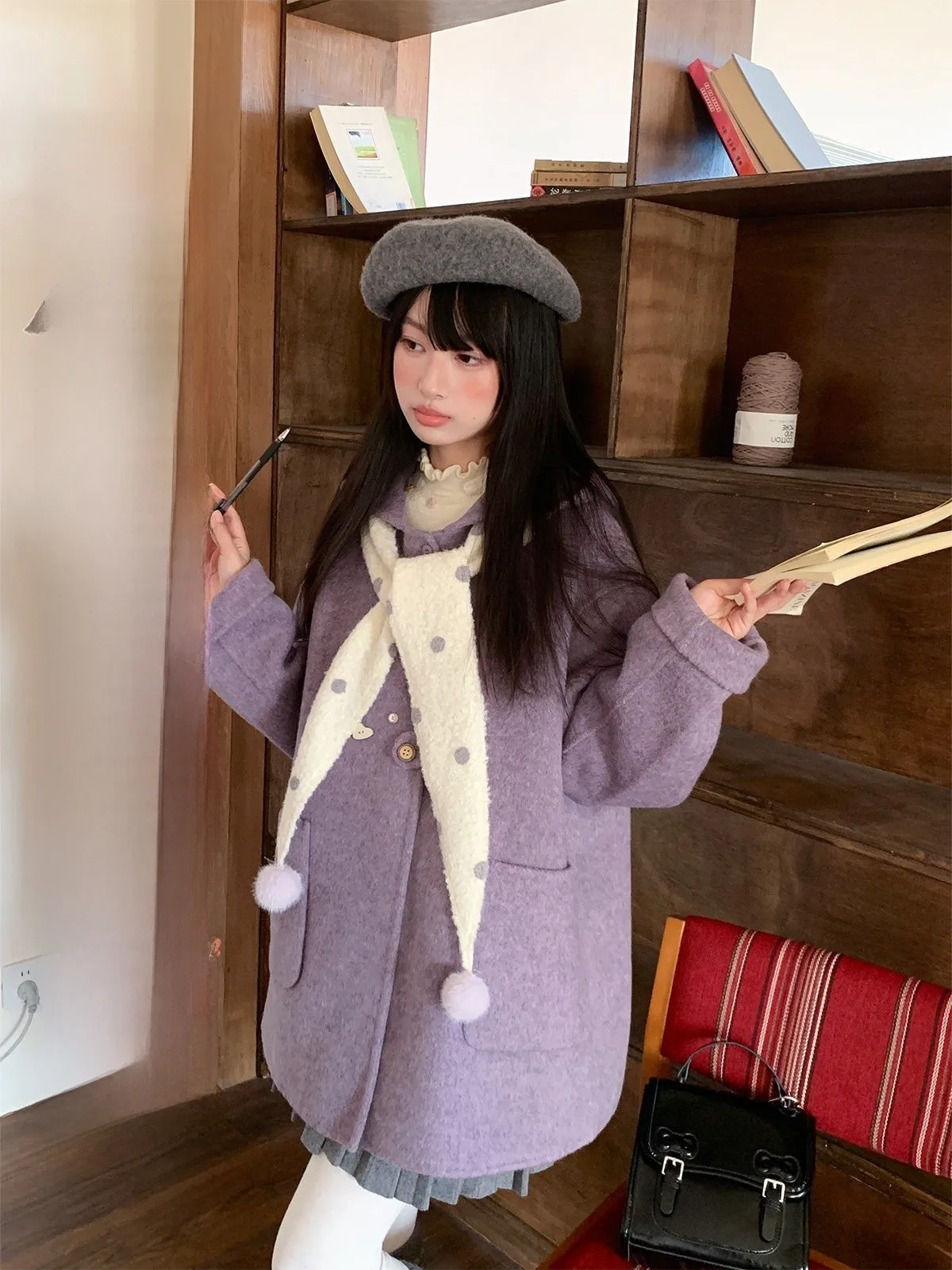 

BibiBency Cute Woolen Coat with Hood Mid-Length Purple Women's Winter Outerwear Sweet Sle Loose Fit Online Exclusive