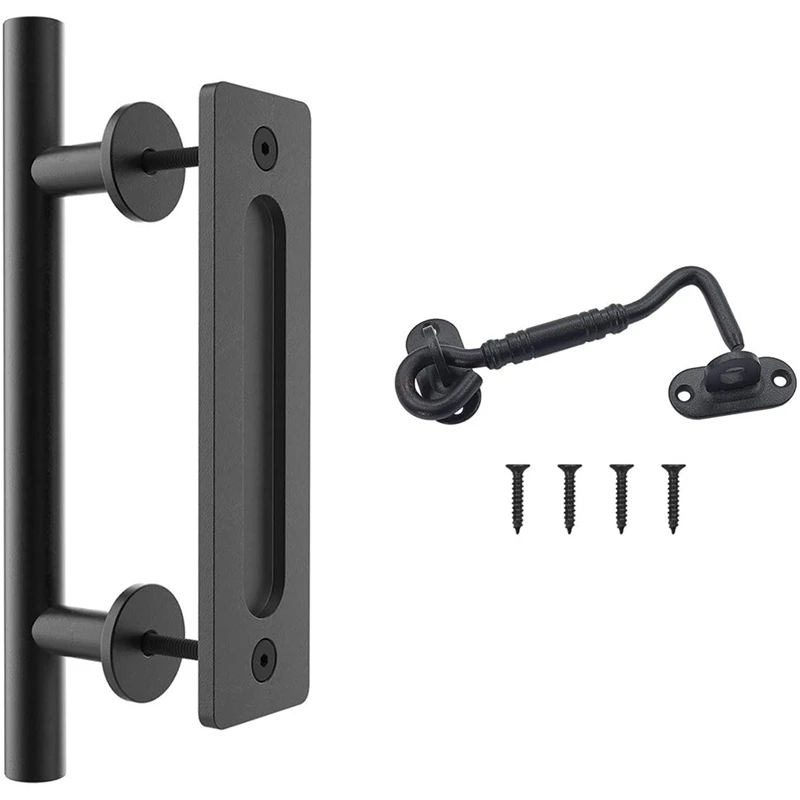 

Heavy Duty 12 Inch Pull And Flush Sliding Barn Door Handle Set With Privacy Latch Hook Black Coated Finish Round Shape