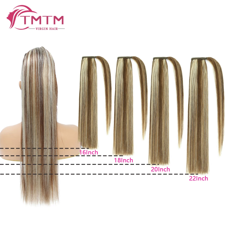 6/613# Ponytail Human Hair Extensions Wrap Around Ponytail Chestnut Brown Highlight Golden Blonde Clip in Ponytail Extensions