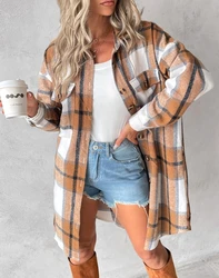 2023 Autumn Winter Spring New Fashion Casual Plaid Print Pocket Design Buttoned Longline Shacket Coat Female Clothing Outfits