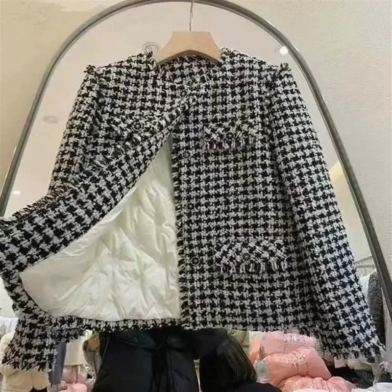 

Black Warm Jacket Women's Winter 2024 New White Duck Down Liner Thicken Raw Edge Tweed Coat Luxury Fried Street Short Outwear