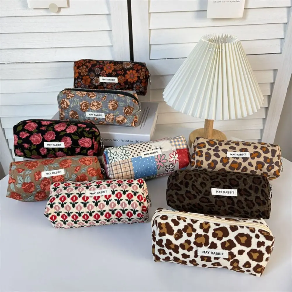 Retro Floral Print Pen Bag Corduroy Stationery Bag Multifunctional Pencil Case Stationery Organizer School Office Supplies