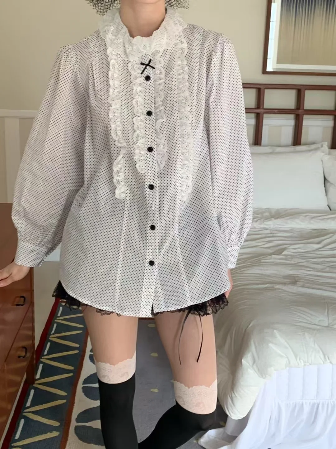 

Sweet Sle Polka Dot Lace Trim irt Top Women's Loose Folded Knot f Skirt Faionable Two-Piece Set Autumn Wear