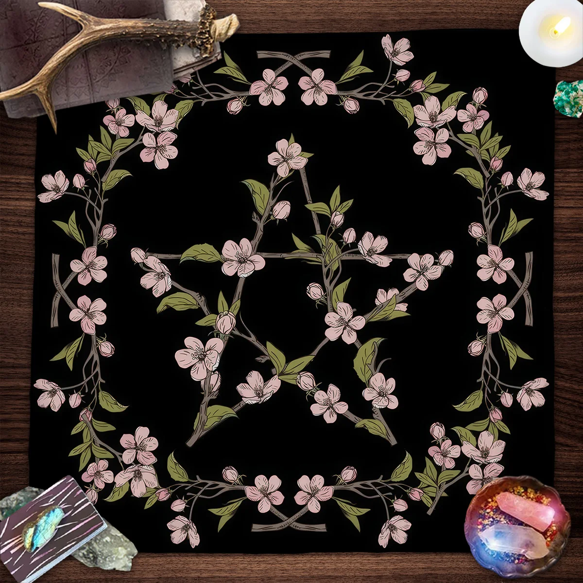 Flower Branches Pentagram Vines Tarot Tablecloth Altar Cloth With Pink Flowers And Plants Table Cloth For Tarot Reading Cover