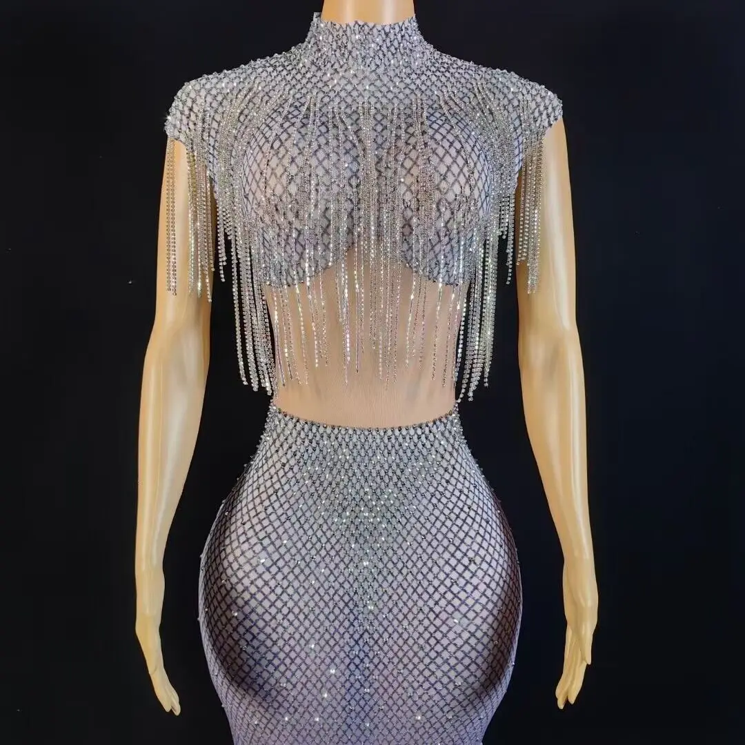 Maßge schneiderte neue sexy Quasten Spitze Diamant Perle Pailletten Feder Wasser Diamant Wrap Hüfte Kleid langes Kleid Performance-Kleid