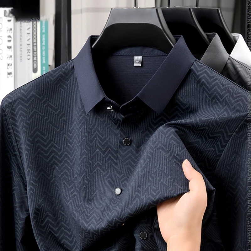 

TFETTERS 2025 весенне-осенние элегантные шелковые рубашки для мужчин, рабочая рубашка с длинным рукавом и отложным воротником с графическим принтом для мужчин