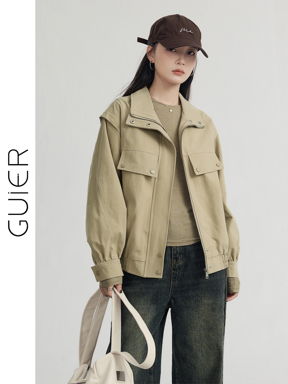 

Guier женская рабочая одежда Jaet, свободная повседневная одежда в стиле ретро, весна-осень, Новое поступление, однотонная застежка-молния, дизайн подушечки