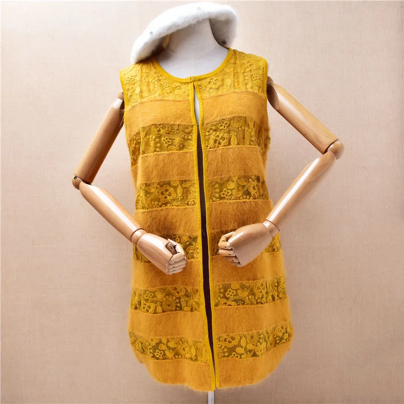 

Ladies Women Autumn Winter Fashion Hairy Angora Rabbit Hair Embroidery Lace Sleeveless Medium Long Loose Sweater Vest Cloak Pull