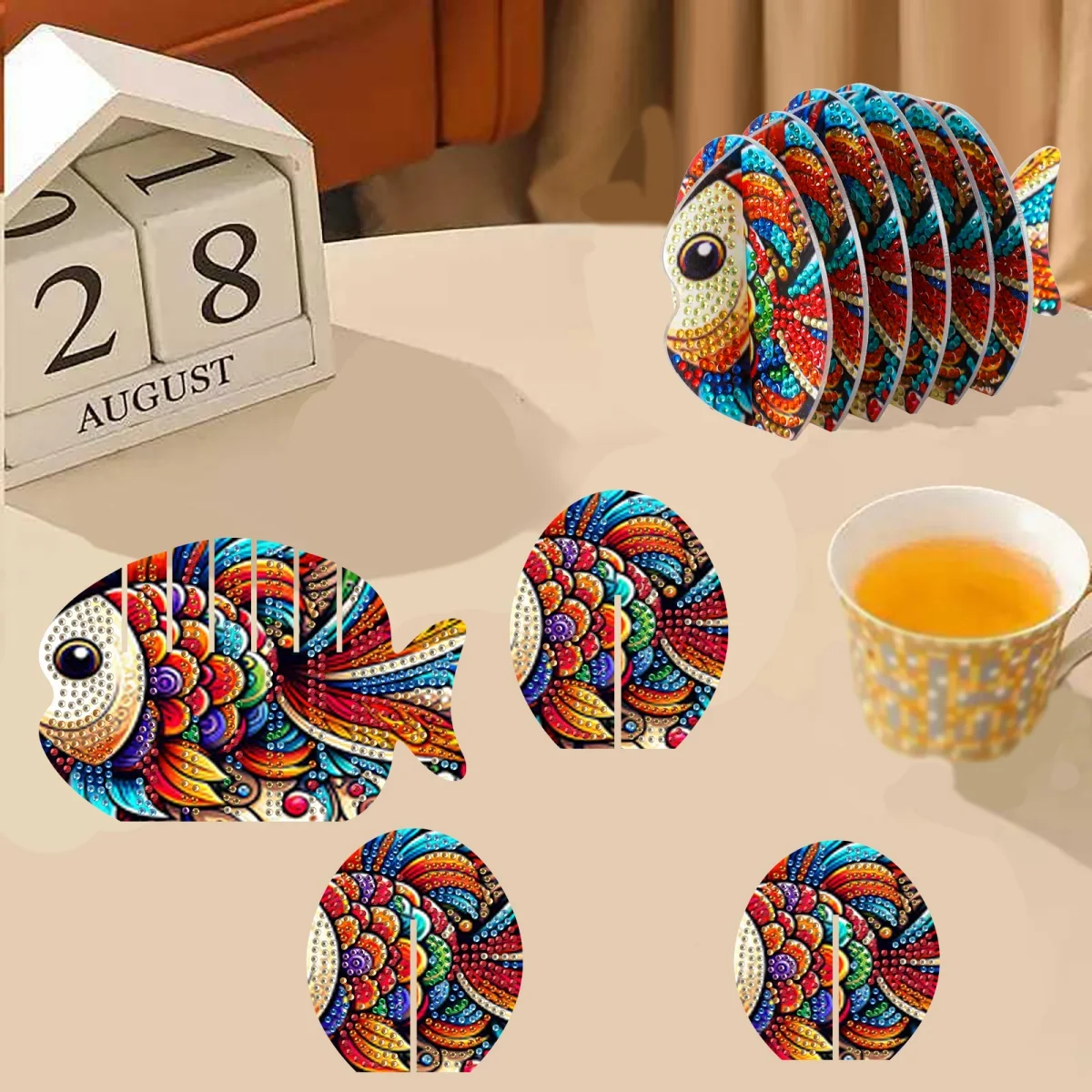 DIY Diamond Painting Coasters Set of 6 Acrylic Special Shape Rhinestone 3D Fish Puzzle Art Craft Complete Tools Included