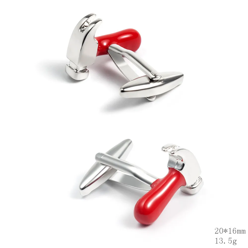 Creative Hammer Shape Cufflinks for Men Red Enamel Metal Cuff Links Novelty Business Wedding Formal Shirt Jewelry Gift